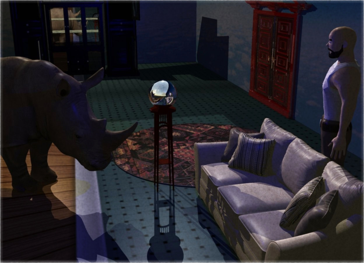 Input text: Ground is 30 feet wide [square]. A sofa is right of and 6 inch behind a dark table. A 65% dark white rhinoceros is 1 foot in front of and -2 feet left of the sofa. It is facing the sofa. A very wide large 30% dark [sky] wall is 5 feet behind the sofa. A silver sphere is on the table. A shiny wide door is -30 feet left of and -7 inch in front of the wall. A very wide large dark [sky] wall is -8 feet left of the wall. It is facing east. A cabinet is 21 feet left of and in front of the table. It is facing east. A large cabinet is behind the cabinet. It is facing east. A large cabinet is 4.5 feet in front of the cabinet. It is facing east. A 0.2 inch high 60% dark [rug] rug is left of the sofa. The ground is 50% dark. A man is -1 foot behind the sofa. He is facing the rhinoceros. Camera light is black. A cream light is 4 feet above the cabinet. A navy light is behind and right of and above the rhinoceros.