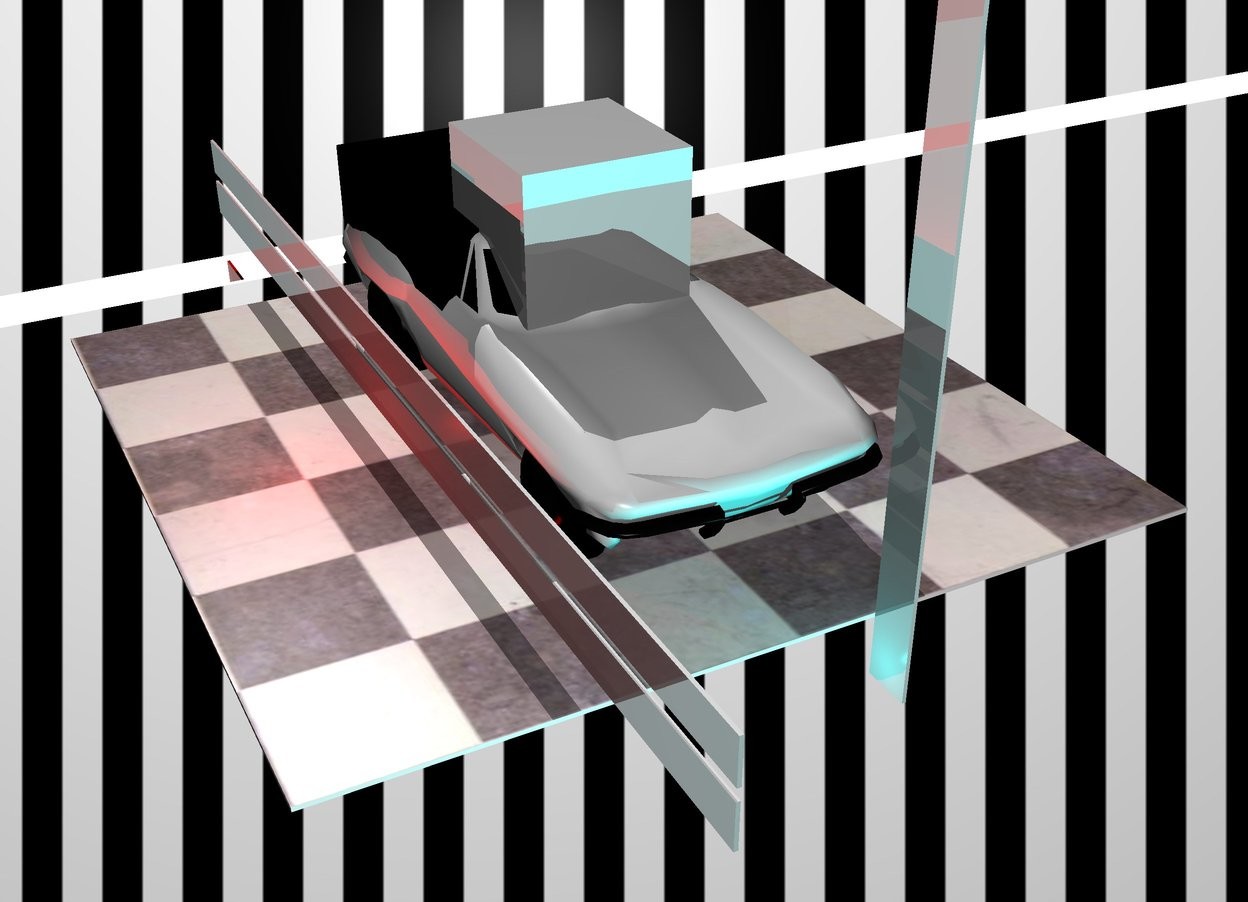 Input text: The design backdrop.
the car.
a magenta glass slab is one foot in front of the car.
it is 1 foot above the invisible ground.
a cyan glass slab is 3 inches above it.
the slabs are 30 feet wide and 1 foot tall.
they are 1 inch deep.
A very large yellow glass cube is -2 feet above the car.
A maroon glass slab is 1 foot wide and 20 feet tall and 1 inch deep.
it is 3 feet right of the car.
A silver slab is 2 feet wide and 200 feet deep.
it is 1 inch tall.
it is 3 feet left of the car.
the red light is 3 feet in front of the car.
the cyan light is 3 feet right of the car.
the car is on the checkerboard floor.