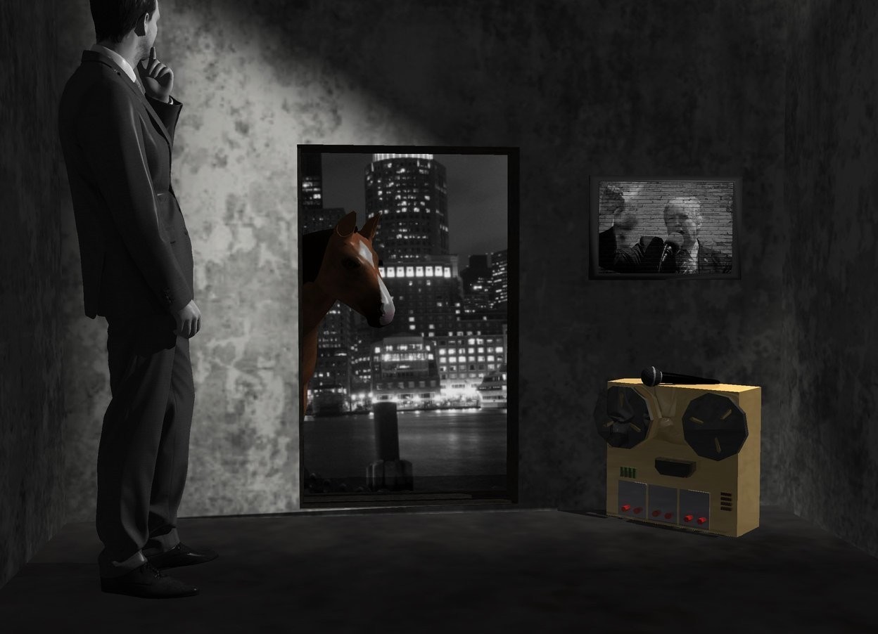 Input text: A factory in the night. A grey man is -6 feet in front of the factory. He is 2 inch above the ground. Camera light is black. A light is 6 feet left of and above the man. A horse is 6 feet in front of and -8 feet above the man. It is facing northwest. A large shiny reel to reel tape recorder is 4 feet left of and -2 inch in front of the man. It is facing northeast. A microphone is on the tape recorder. It is leaning 85 degrees to the right. It is facing north. The man is facing the tape recorder. A grey trump painting is 4 feet left of and -3 feet above and 1.5 feet in front of the man. It is facing north.