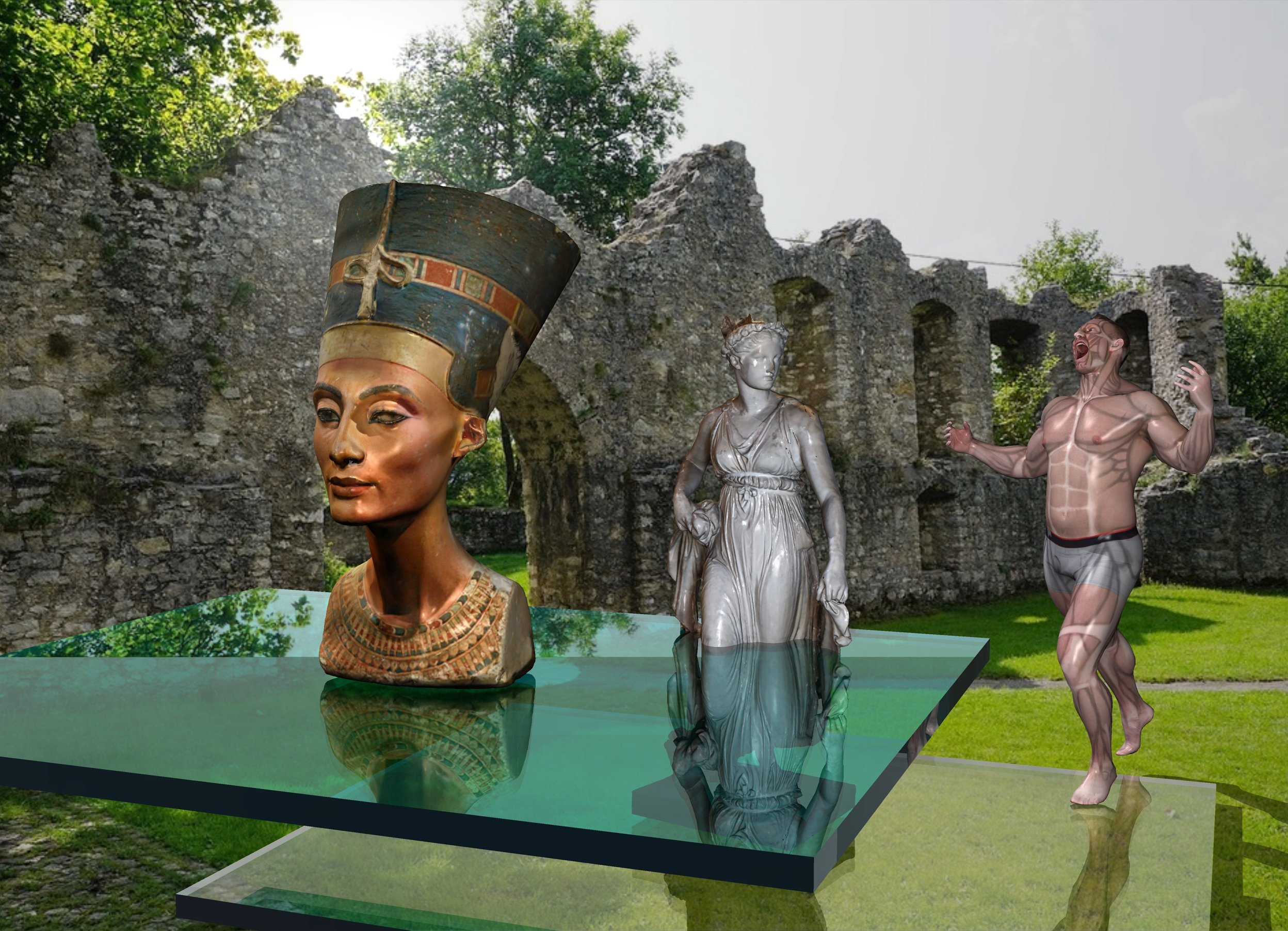 Input text: the 1st statue is on the large glass slab.  the slab is 3 inches tall. 

the large cyan glass slab is 2 feet above the glass slab. it is 3 inches tall. 

the 2nd statue is on the cyan slab. it is 5 feet tall. it is in front of and left of the 1st statue.

the man is behind the glass slab.
he is right of the 1st statue. he is facing the 2nd statue.


