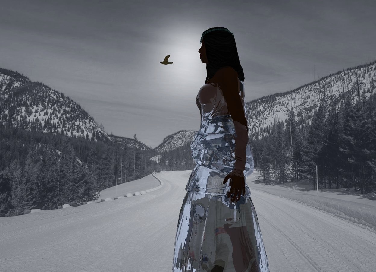 Input text: A 5 feet high clear woman is -6 feet above a 6 feet high clear woman. A 3 feet high man is -5 feet above the woman. 50% dark snow backdrop. The altitude of the sun is 45 degrees. The sun is silver. The sky is baby blue. Camera light is black. The visor of the man is black and shiny. A tiny bird is 2 inch above and in front of the woman.