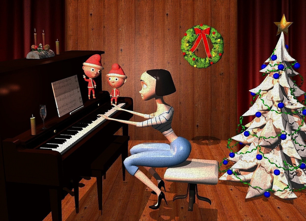 Input text: a woman. a  piano is  -.4 feet in front of the woman. it faces back. backdrop is stage. a small stool is -.7 feet behind the woman. the cushion of the stool is linen. the music stand of the piano is .5 feet tall [music]. a small elf is -1.9 feet above and -1.2 feet behind and -1.3 feet left of the piano. it faces right. 2nd 1.5 feet tall elf is -1.5 feet above and -1.8 feet behind and -2.5 feet left of the piano. he faces the woman. a yule log is on the piano. a white Christmas tree is 3 feet left of and -1 feet behind and -3.5 feet above the stool. it faces southeast. the ball of the Christmas tree is blue. the ribbon of the Christmas tree is green. the star symbol of the Christmas tree is gold. a Christmas wreath is 3 feet left of and -1 feet above and 1 feet behind the piano. it faces right. camera light is black. the sun's azimuth is 90 degrees. the sun's altitude is 45 degrees.the sun is  70% peach. shadow plane is visible. 1st candle is .5 feet left of the yule log. a coral point light is 1 inch above the candle. 2nd candle is 3.5 feet right of and -1.6 feet above the 2nd elf. a copper light  is on the 2nd candle. a wine glass is 4 inch left of the 2nd candle. a burnt ochre orange light is -.1 feet above the wine glass. the shoe of the woman is black.