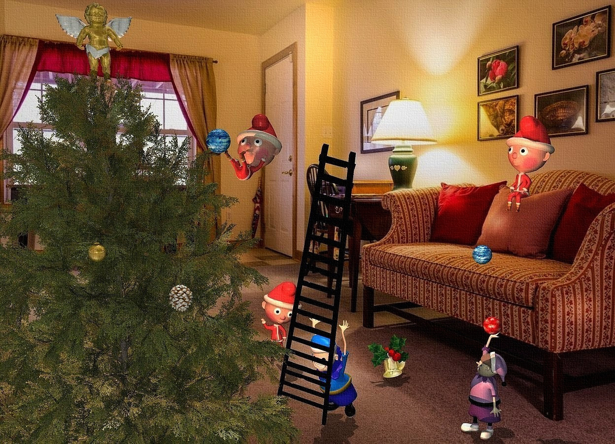 Input text: 1st elf is -5 feet above and -4 feet right of a small tree. it faces southwest. it leans 12 degrees to the back. backdrop is living room. a 1 feet tall [texture] sphere is -2 feet above and -1 feet left of the elf. a 19 feet tall black ladder is -19 feet above and -2.3 feet right of the elf. it faces southwest. it leans 25 degrees to the southwest. 2nd large elf is -1 feet right of and -1 feet behind the ladder. it faces the tree. it leans 27 degrees to the front. 3rd large elf is 8.7 feet right of and 5.5 feet above the 2nd elf. it faces the tree. 2nd 1.2 feet tall [texture] sphere is .7 feet left of and -9.3 feet above the 3rd elf. a huge bell is 2 feet right of and 1 feet behind the 2nd elf. 4th elf is 11 feet behind and 1 feet right of the ladder. 5th large elf is 3.4 feet right of and 1 feet in front of the 2nd elf. it faces the 1st elf. a large pinecone is 2 feet left of and 3 feet in front of and -7 feet above the 1st elf. 3rd 1 feet tall texture] sphere is above the 5th elf. shadow plane is visible. sun's azimuth is 20 degrees. sun's altitude is 60 degrees. camera light is 20% sage green. a coral light is -9 feet above the tree. a large gold Christmas ornament is 2 feet left of and 1 feet above the pinecone. a gold 3 feet tall angel is -.6 feet above and -9.6 feet right of the tree.