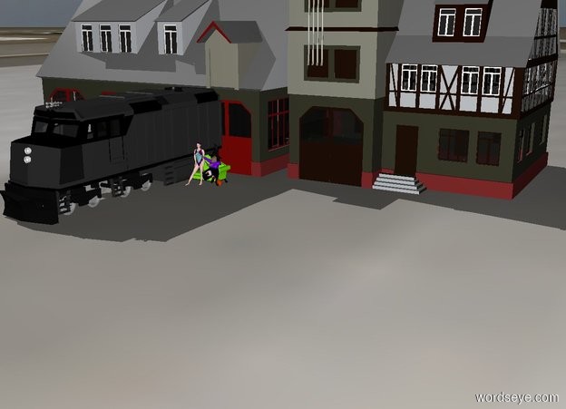 Input text: the woman is several feet in front of the train station .

The chartreuse couch is behind the woman. humanoid is 5 inch to the right of the woman.
the ground is tile. 
the amtrak train engine is 1 inch to the left of the woman