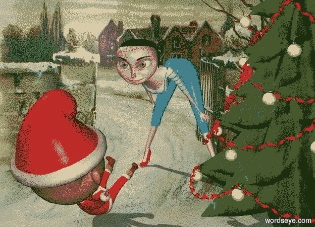 Input text: a woman.a elf is in front of the woman.he is facing north.a tree is right of the woman.christmas backdrop.