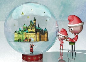 a 15 feet tall clear sphere is -.6 feet above a 6 feet wide and 1.5 feet tall  [Christmas] pond. a white 9 feet wide circle is -10 feet above the sphere. a 5 feet tall [brick] castle is on the circle. the roof of the castle is stone. 3 aqua lights  are 3 inch above the castle. 2 orange lights are 1.2 feet in front of the castle. 1st .9 feet tall elf is 1 feet in front of and -5 feet above the castle. a aquamarine light is -.5 feet above the circle. 2nd  2.2 feet tall elf is -2.5 feet above the circle. 2 coral lights are 3 inch in front of and -.3 feet above the 2nd elf. a .6 feet tall [Christmas] sleigh is .2 feet left of the 1st elf.it faces southwest. a .8 feet tall caribou is .3 feet left of the sleigh. it faces right. a lime green light is on the caribou. 1st white .5 feet tall star is 1 feet above the castle. 2nd .3 feet tall star is -1 feet right of and .7 feet above the castle. 3rd .7 feet tall star is -2 feet left of and .2 feet above the castle. 4th .5 feet tall star is -3 feet left of and -.4 feet above the castle. 5th .4 feet tall white star is -.3 feet left of and -2 feet above the castle. 6th .4 feet tall white star is -.7 feet right of and -1 feet above the castle. the sky is [Christmas]. the ground is shiny.a 4 feet tall stool is 3.2 feet right of and -6 feet behind the sphere. it is on the ground. the leg of the stool is black. the seat of the stool is [texture]. 3rd large elf is -1.4 feet above the stool. it faces the sphere. it leans 36 degrees to the front. 4th large elf is 1.4 feet behind and -1.8 feet left of the stool. it faces southwest.