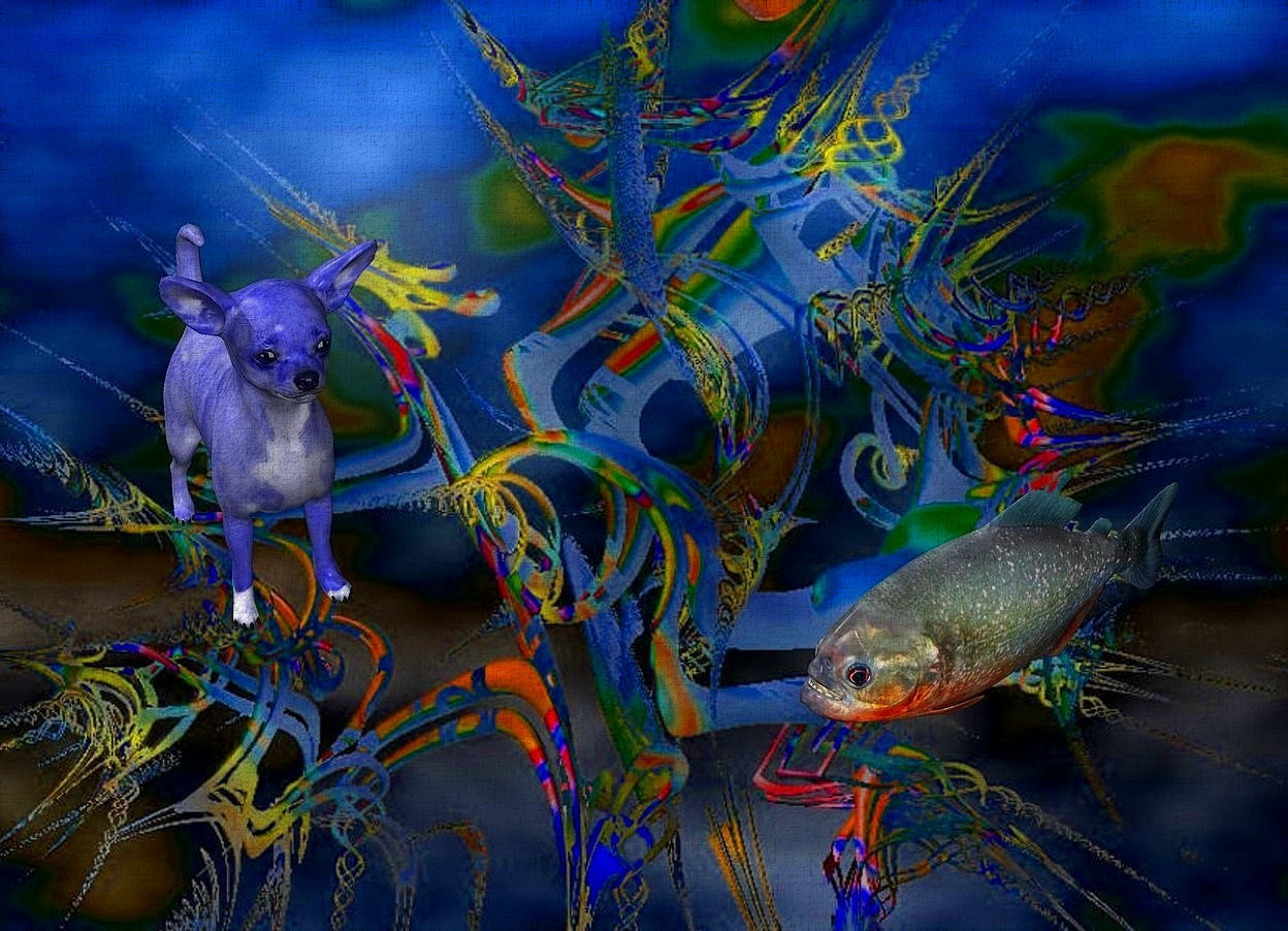 Input text: a [cg] backdrop.a 12 inch tall  blue dog.the dog is facing southeast.a 6 inch tall piranha is 10 inch right of the dog.the piranha is facing southwest.