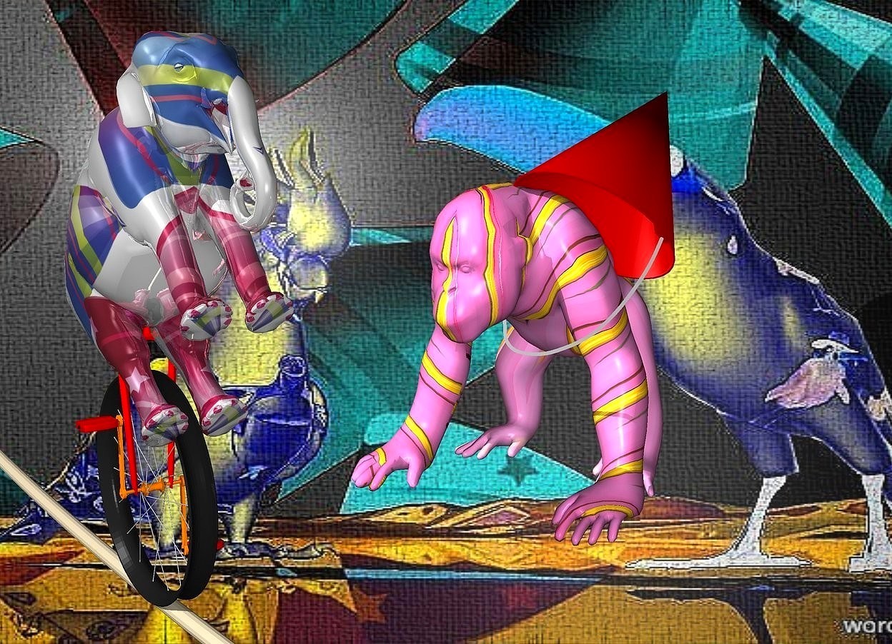Input text: a shiny [Carnival] backdrop.a 10 inch tall shiny 60% dim elephant is -9 inch above a 15 inch tall red unicycle.the elephant leans 50 degrees to back.the elephant is -48 inch in front of the unicycle.the elephant is 12 inch wide [carnival].sky is black.a 15 inch tall orangutan is 9 inch right of the unicycle.the orangutan is facing the elephant.the orangutan is 60 inch tall [woman].a 15 inch tall hat is -10 inch above the orangutan.the hat is -10 inch in front of the orangutan.the hat is facing the elephant.the hat is 10 inch right of the unicycle.the hat leans 40 degrees to back.