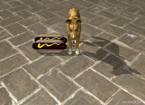 2 hotdogs next to small orange dog
