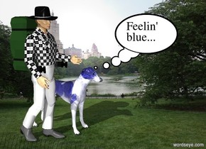 The man and the dog are in Central Park. The dog is blue.