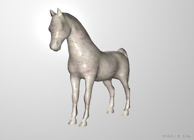 Input text: THE WHITE BACKDROP. There is a stone horse. The mane of the horse is stone. The eye of the horse is stone.