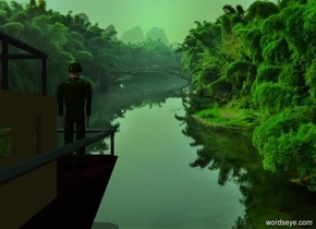 a  marble. a boat is 10 feet behind the marble. it faces back. its hull is dark brown. its cabin is bronze green.  a man is -5 feet in front of and -7 feet above and -3 feet left of the boat. a forest backdrop. sun is sea green. camera light is black.  a tan light is  above and behind and right of the man. it is noon. 