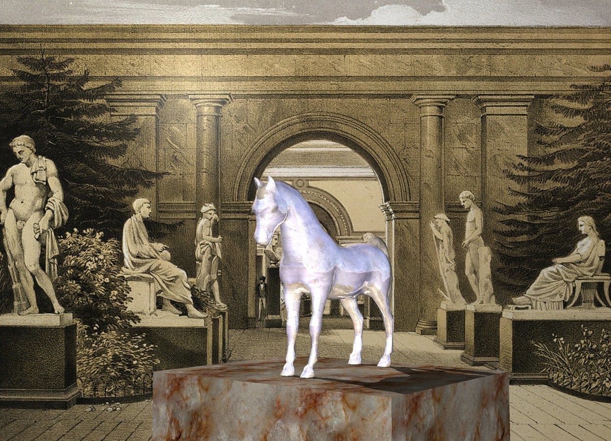 Input text: The  courtyard  backdrop. the shiny statue fits on the marble slab