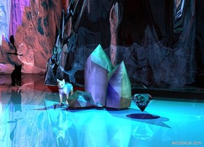 It is night. There is a crystal. There is a tiny cyan illuminator above the crystal. There is a tiny blue illuminator in front of the crystal. The ground is shiny. There is a transparent waterfall behind the crystal. There is a tiny white cat on the left of the crystal. There is a big diamond on the right and in front of the crystal. There is a small cyan illuminator above the diamond. There is a small black cat on the left of the waterfall. The black cat is facing the white cat. There is a huge dark red illuminator behind and above the black cat. There is a small red illuminator in front of the black cat. There is a very tiny black snake three inch above the black cat. The snake is facing the white cat. There is a small black illuminator on the left of the snake.