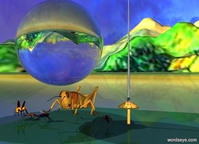 5 bugs are on the ground. Small glass sphere is above bugs. The ground has Van Gogh pattern. The black light is in the sphere. The sphere is clear. Lilac light is above the sphere. The very small  sword is 1 inch to right of the sphere.  The sword is close to the ground
