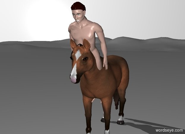 Input text: THE WHITE BACKDROP. A man is -4 feet in front of and -3.8 feet above a horse. He leans 30 degrees to the front.