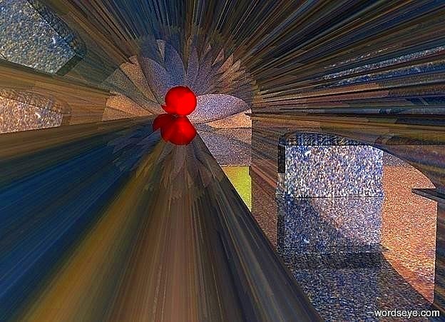 Input text: a 100 inch tall and 200 inch wide and 600 inch deep  shiny   arc of triumph.ground is shiny.the arc of triumph is 100 inch tall [sand].ground is [sand].a 10 inch tall red sphere is -55 inch above the arc of triumph.the sphere is -80 inch right of the arc of triumph.a huge delft blue illuminator.