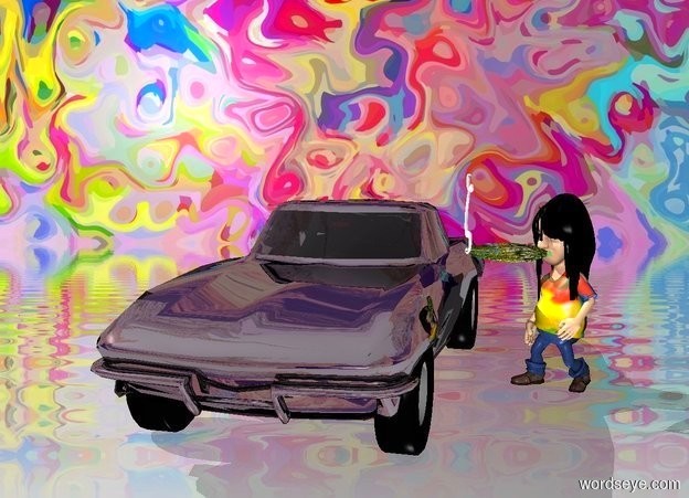 Input text: The image backdrop.a shiny black car.a boy is right of the car.pale shadow plane.he is facing southwest.fantasy sky.