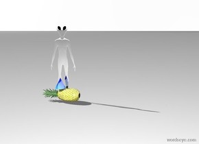 There is a shiny pineapple. The pineapple leans 90 degrees to the right. A shiny small [image-11274]party hat is in the pineapple. The ground is white.the sky is white. A small flat silver alien is behind the pineapple.

