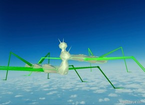 a bug. its leg is shiny green. a bug is   -.15 foot right of the bug. its leg is shiny green. it faces southwest.  the bugs are shiny silver green. 
backdrop is [sky]. shadow plane is invisible. sun is black. ambient light is sea mist blue.