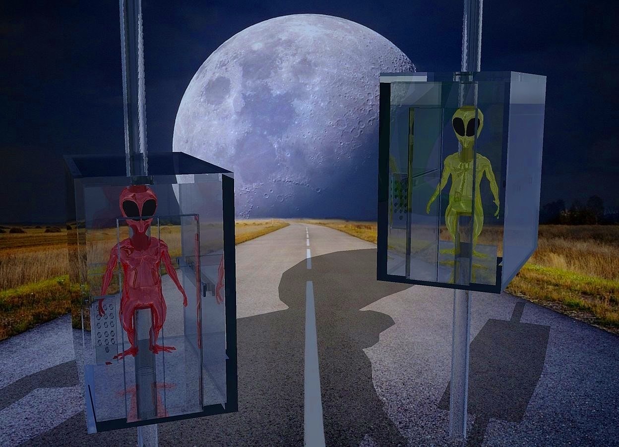 Input text:  a 1st 50 inch tall and 30 inch wide clear white elevator.a [fantasy] backdrop.a 1st 150 inch tall clear tube is -100 inch above the 1st elevator.a 1st 40 inch tall shiny red alien is -45 inch above the 1st elevator.a 2nd 50 inch tall and 30 inch wide clear white elevator is 40 inch right of the 1st elevator.the 2nd elevator is facing southwest.a 2nd 150 inch tall clear tube is -100 inch above the 2nd elevator.the 2nd elevator is -30 inch above the 1st elevator.a 2nd 40 inch tall shiny yellow alien is -48 inch above the 2nd elevator.the 2nd alien is facing southwest.azimuth of the sun is 220 degrees.sun is baby blue.a 400 inch tall 3rd alien is 70 inch in front and 50 inch left of the 1st elevator.