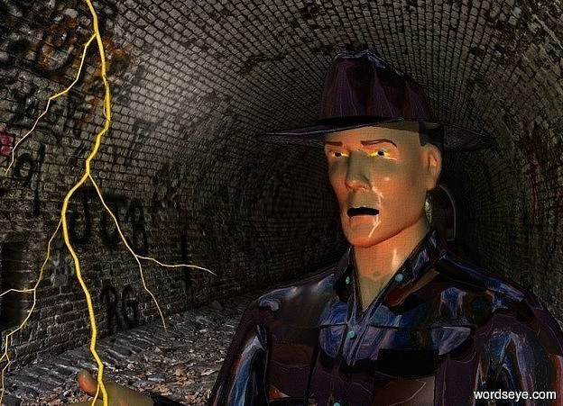 Input text: tunnel backdrop.a man.the man's eye is yellow.the man's shirt is shiny black.fantasy sky.a rust light is 1 feet in front of the man.the man's lip is black.the man's iris is blue.a lightning bolt is -24 inches above the man.it is in front of the man.the man's hat is shiny black.