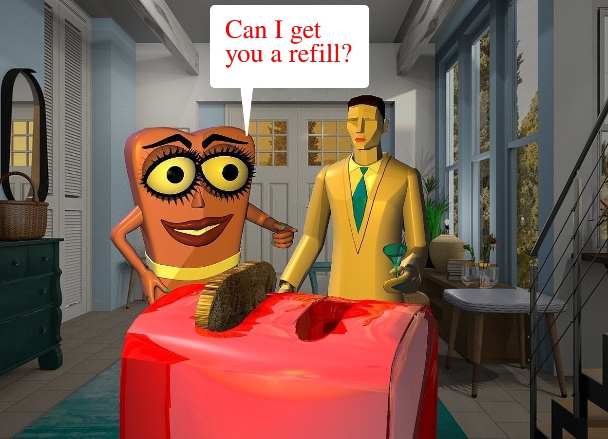 Input text: a 150 inch tall shiny red toaster.  it is on the ground. camera light is black.backdrop is 85% dim.a 300 inch tall tan man is behind the toaster. the suit of the man is tan.two gold lights are 100 inch in front of the toaster.the lights are -5 inch above the man.the man is -185 inch above the toaster. a 9 inch tall and 95 inch deep and 80 inch wide [grass]  toast leans 90 degrees to the left. it is -65 inch above and -78 inch left of and -127 inch in front of the toaster.  a 2.1 feet tall clear shiny  
 cyan glass is -18 inch right of and -120 inch above and -14 inch in front of the man. it leans to the front. a 270 inch tall cartoon is  20 inch behind and 48 inch left of the man. it faces southeast. a dim light is right of the toast. a dim sage light is on the glass.