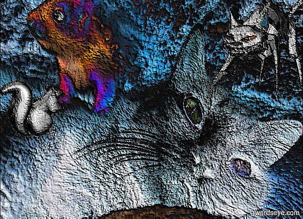 Input text: a [bf] backdrop.a 15 inch tall white  cat.a 3 inch tall white squirrel is 23 inch in front of the cat.the squirrel is facing the cat.the squirrel is -14 inch above the cat.