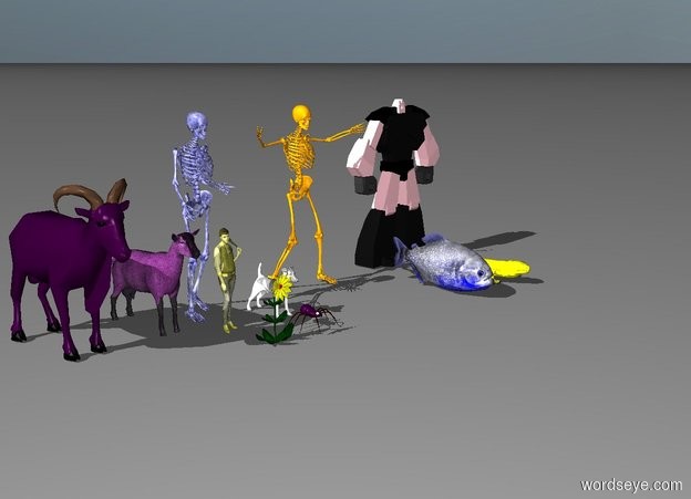 Input text: 

The short yellow child is one foot to the left of the white dog.

The blue skeleton is standing behind the child.
The medium orange skeleton is standing one foot to the right of the blue skeleton.
The purple goat is to the left of the blue skeleton.
The purple goat is one foot to the left of it.

The large yellow flower is one foot in front of the child.

The pink robot is to the right of the orange skeleton.

The big yellow lizard is one foot in front of the robot.
The huge blue fish is one foot to the left of the lizard.
The very huge purple spider is in front of the dog.

