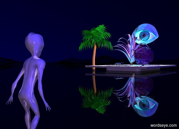 Input text: There is a reflective alien. The ground is shiny black. The sky is black. A reflective pool is 50 feet in front of the alien. the pool is 15 feet to the right of the alien. the pool is 3 feet in the ground. A very large pink light is above the pool. A small shiny green palm tree is to the right of the pool. a 12 foot tall reflective purple plant is 1 foot in the pool. a very giant purple shiny brain is 17 feet to the left of the palm tree. the brain is 1 foot above the ground. A 7 foot tall shiny cyan eye is 1 feet above the brain. the eye is facing the alien. The camera light is lavender. A very large cyan light is behind the pool. A large blue light is behind the palm tree. The sun is blue.