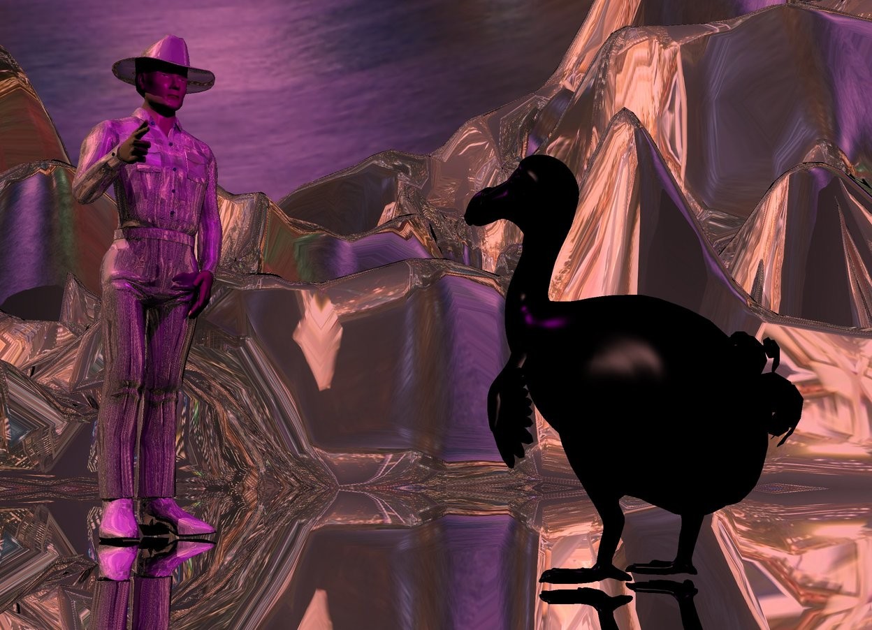 Input text: The ground is silver.  The ground is 150 feet tall. The sky has the [night] texture.  The texture is 8000 feet tall.  The sky leans to the back.

The cowboy is shiny gray. The hair of the cowboy is magenta.

The solid black dodo is 4 feet in front of the cowboy.  It faces the cowboy. It is 3 feet tall. It is unreflective.

The camera light is black. The sun is 70% red. The ambient light is black.

The magenta light is in front of the cowboy.  It is -1 foot above the cowboy.