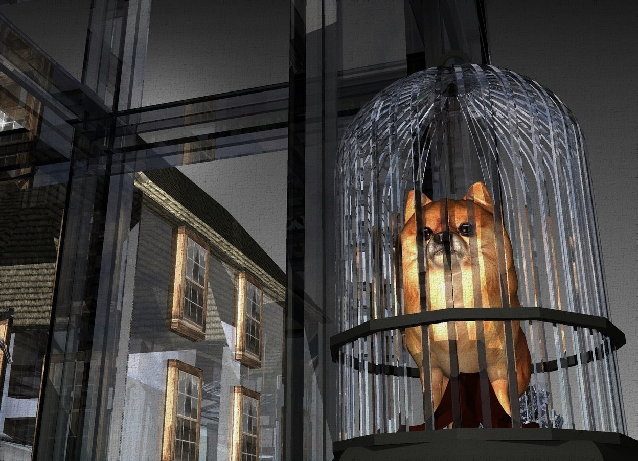 Input text: Gradient backdrop. A dog is in a clear cage. A clear bush is behind the cage. A clear building is behind the tree. A clear building is below and behind the building. A light is in front of the dog.