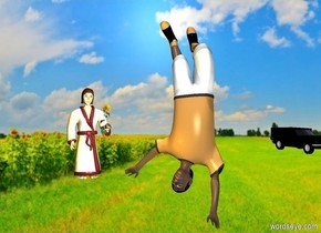 a boy is upside down. a  very tiny hearse is behind and 1 foot right of and -3.5 foot above  the boy. the hearse faces the boy. a woman is  10 feet behind and 5 feet left of and -6.5 feet above the boy. the woman faces the boy. her bathrobe is tan. her trim is brown. shadow plane is invisible.  a 60% dark big sunflower is  -.6 foot in front of and -.5 foot right of and -3 foot above the woman. the sunflower faces right. it is noon. a tiny light is behind and left of and above  the flower. a tiny gold light is in front of and -2 feet beneath the boy.