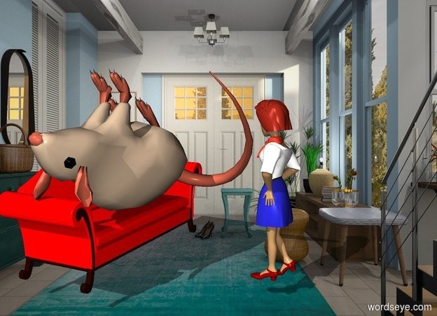 Input text: a  45 inch tall rat is -53 inch above  a red sofa.the rat is facing east.the rat leans 140 degrees to back.the rat is -22 inch in front of the sofa.the rat is -75 inch left of the sofa.a 60 inch tall woman is 40 inch in front of the sofa.the woman is facing the sofa.