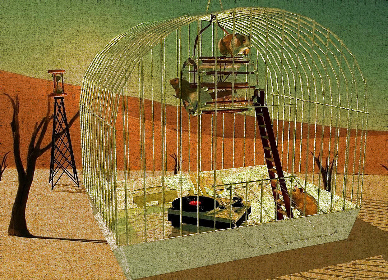 Input text: a turntable is in a 5 feet wide and 5 feet deep and 5 feet tall shiny cage. the turntable faces southwest. the surface of the turntable is [metal]. a record is -1.1 feet left of and -.1 feet above the turntable. 2 inch tall highway construction  marker is -1 inch above the record. a hamster is .3 feet right of and -.4 feet in front of and -.6 feet above the turntable. the hamster faces left. the hamster leans 40 degrees to the
 back. a 1.2 feet tall wheel is -2.5 feet above and -3.5 feet in front of the cage. a 3 feet tall ladder is -.3 feet left of the hamster. the ladder faces right. the door of the cage is clear. 1st guinea pig is -.10 inch above and -4 inch in front of the wheel. 2nd guinea pig is -14 inch above and -12 inch behind and -7 inch left of the wheel. the 2nd guinea pig faces northwest.the 2nd guinea pig leans 28 degrees to the back. a 2.5 feet tall rig is 2 feet behind and -.2 feet left of the cage. a .7 feet tall hourglass is on the rig. the sun's azimuth is 310 degrees. the sun's altitude is 35 degrees. the sun is old gold.the camera light is black. the ambient light is hazel. a orange point light is on the hamster. a fresh green light is -3 inch above the wheel. a brass light is in front of the hamster.