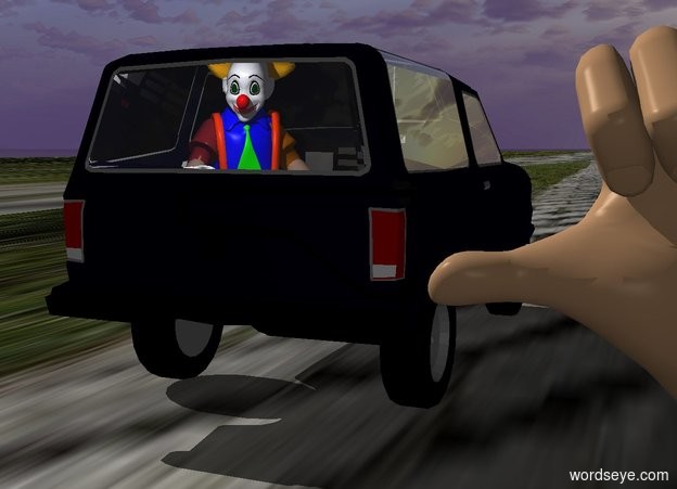 Input text: a 1st hand leans 110 degrees to the right.  ground is .1 foot tall and 100 feet wide and 1000 feet deep. a very tiny car is left of and behind the hand. it faces back. a .7 foot tall clown is -.6 foot in front of and -.7 foot above the car. a .01 foot tall ghost white light is -.1 foot in front of and -.1 foot above the clown. a marble is 1 feet in front of the hand. the clown faces the marble. ground is [street]. camera light is dim.
