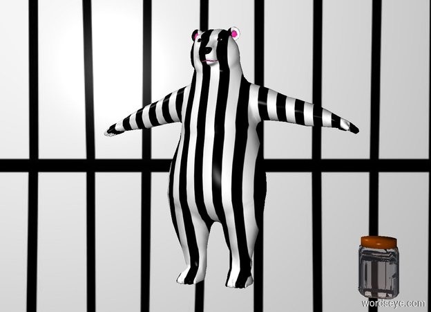 Input text: The backdrop is a jail. The ground is a marmalade. There is a big striped bear. There is an extremely big 
jam jar facing the bear.