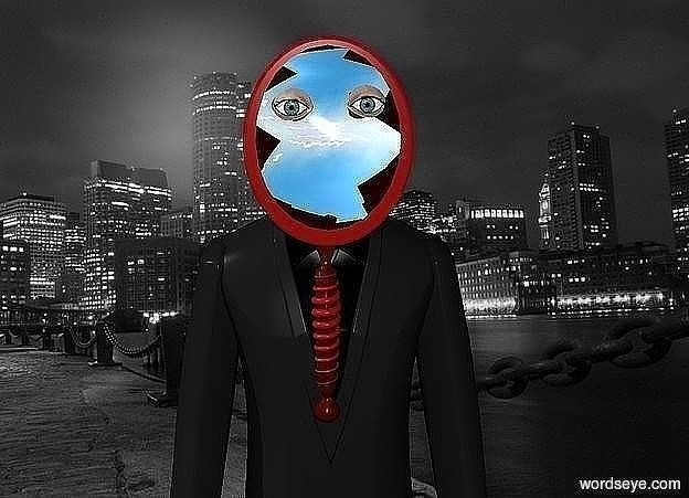 Input text: a large mirror is in front of and -1.85 foot above a person. sky. an eye is -.075 foot in front of and -.35 foot left of and  -.4 foot above the mirror. an eye is .15 foot right of the eye. the person's necktie is black. his shirt is black. backdrop is city. 