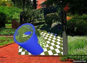 a 100 inch tall and 100 inch wide and 50 inch deep [checkerboard] cube.a 50 inch tall and 40 inch wide  40% dim lettuce heart green shiny tube is in front of the cube.the tube leans 70 degrees to the front.ambient light is gray.sky is  blue.