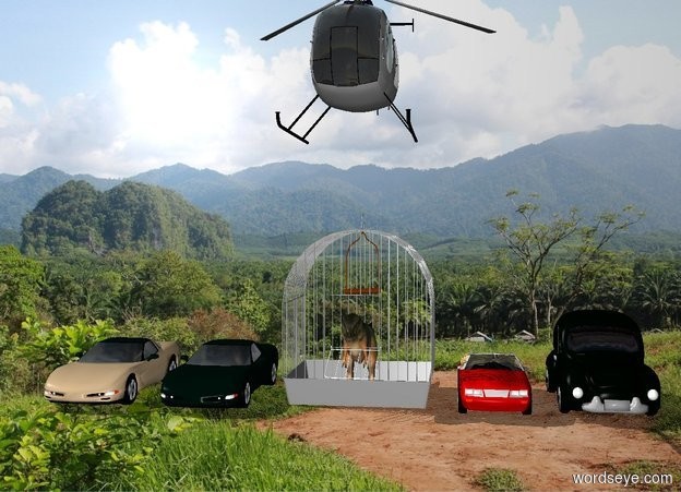 Input text: There is a tiny T-rex in a giant cage in the forest. a Small car is 1 feet to the right of the cage. The second small car is 1 feet to the right of the car. a helicopter is 3 feet above the cage. a third small car is 1 foot to the left of the cage. a fourth small tan car is 1 foot to the left of the third car.