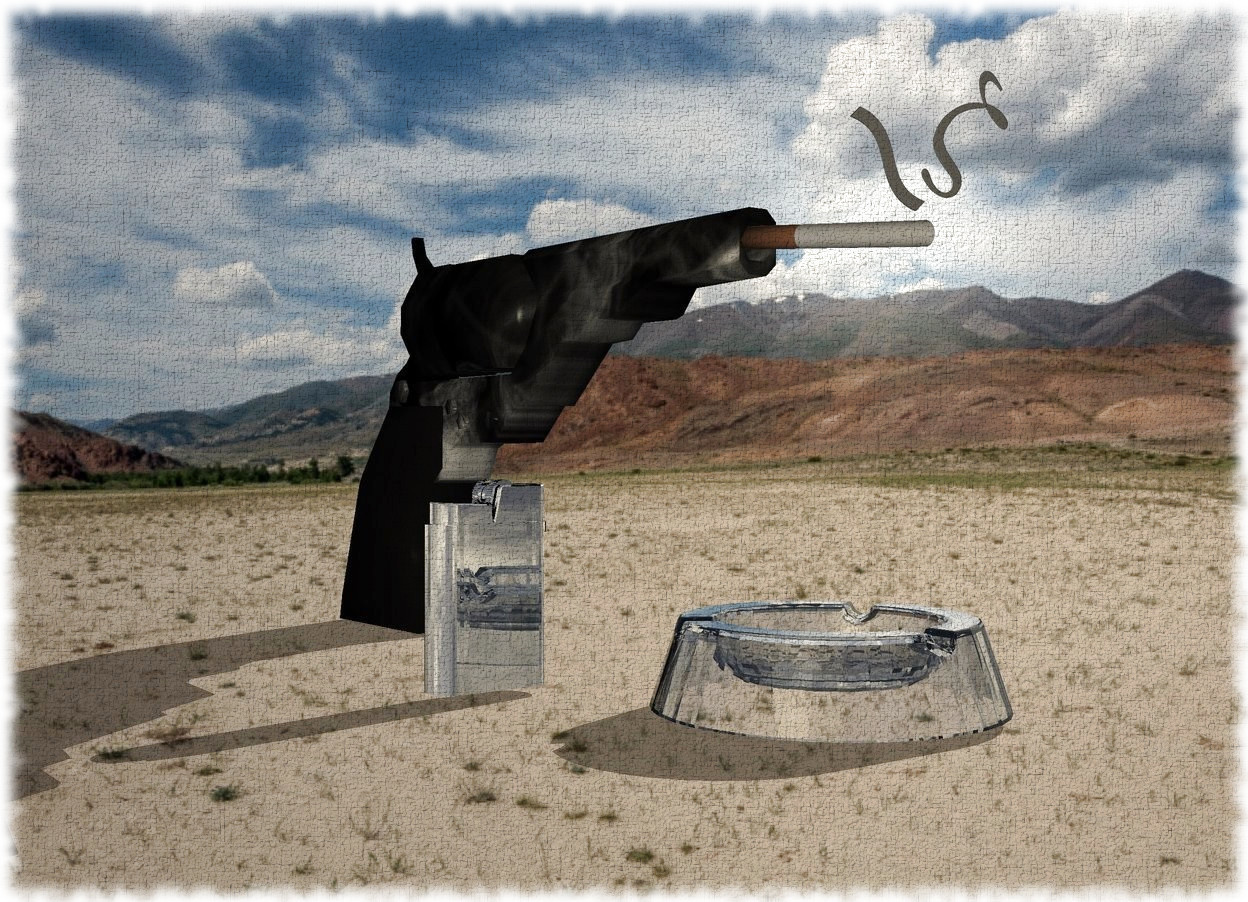 Input text: A [smoking] gun is in the desert. It is -0.1 inch above ground. A cigarette is -0.5 inch in front of and -1.6 inch above the gun. It is leaning 85 degrees to the back. A 1.2 inch high clear white ashtray is -1 inch in front of the gun. A 3 inch high silver lighter is 1 inch left of and -3 inch in front of the gun. A very tiny flat grey tilde is in front of and -0.1 inch left of and -0.5 inch above the cigarette. It is leaning 50 degrees to the left. An 2 inch high flat grey zeta is -0.2 inch right of the tilde. It is leaning 40 degrees to the left. Camera light is cream. The sun is cream. The azimuth of the sun is 80 degrees. The altitude of the sun is 30 degrees.