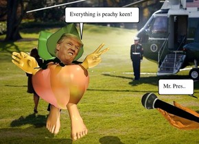 a peach.  a 1.3 inch tall head is -2 inch above and -1.6 inch right of and -.2 inch in front of the peach. 1st 1.4 inch tall 60% mango orange foot is -1.5 inch left of and -5.6 inch above and -1.9 inch behind the peach. it leans  27 degrees to the front. 2nd 1.4 inch tall 68% spicy gold foot is -1.4 inch right of and -5.3 inch above and -3 inch behind the peach. it leans 23 degrees to the northeast. 1st 1.3 inch tall 80%  orange hand is -1 inch left of and -.23 feet above and -1.1 inch in front of the peach. it leans 46 degrees to the right. 2nd 1.4  inch tall 75% tangerine hand  is -2.5 inch above and -.7 inch right of and -.9 inch in front of the peach. it leans 52 degrees to the left. backdrop is [yuk]. sun's azimuth is 87 degrees. sun's altitude is 48 degrees.shadow plane is visible. camera light is celery green. 3rd 2 inch tall honey gold hand is 2.5 inch right of and in front of the peach. it faces back. it leans 85 degrees to the right. a tiny microphone is -1.2 inch above and -1.8 inch behind and -2.9 inch right of the hand. it faces the back.it leans 86 degrees to the southwest.