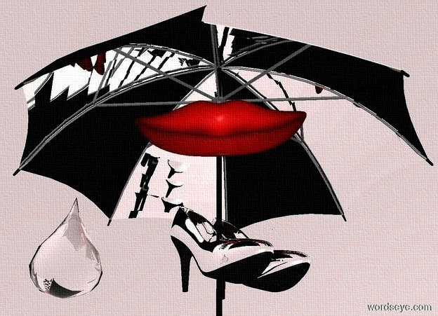 Input text: a 150 inch tall silver umbrella.sky is antique silver.ground is invisible.a 1st 35 inch tall silver shoe is -105 inch above the umbrella.a 2nd 35 inch tall silver shoe is right of the 1st shoe.a 30 inch tall mouth is -60 inch above the umbrella.the mouth is facing southwest.a 30 inch tall clear white drop is -119 inch above the umbrella.the drop is -100 inch right of the mouth.