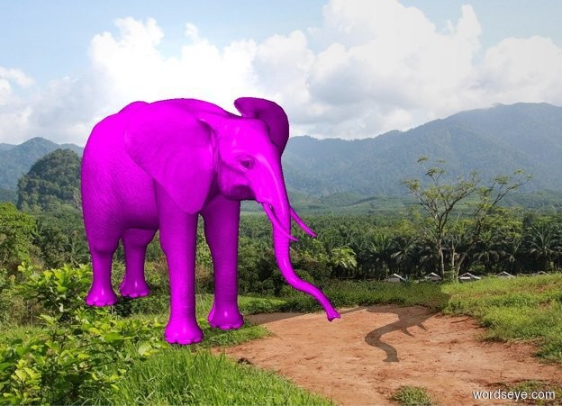 Input text: Purple elephant in a forest