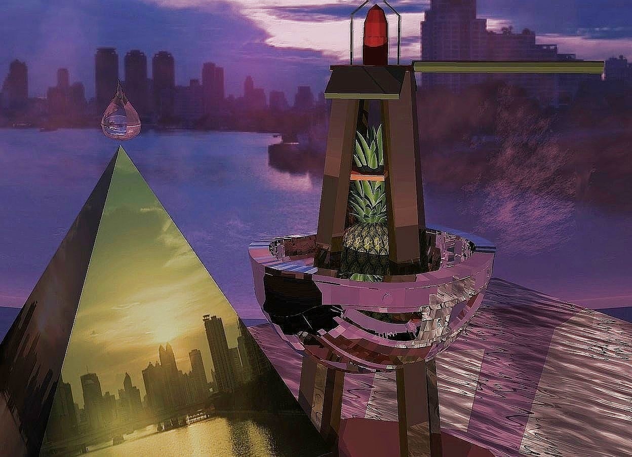 Input text: Wet shiny backdrop. City pyramid. Camera light is black. A lemon light is right of the pyramid. A silver bicycle helmet is behind the pyramid. It is upside down. A pineapple is in the helmet. Invisible shadow plane. A 30% shiny dark buoy is -2 feet above the helmet. Sun is crimson. A water rug is behind the buoy. A huge pink drop is above the pyramid.