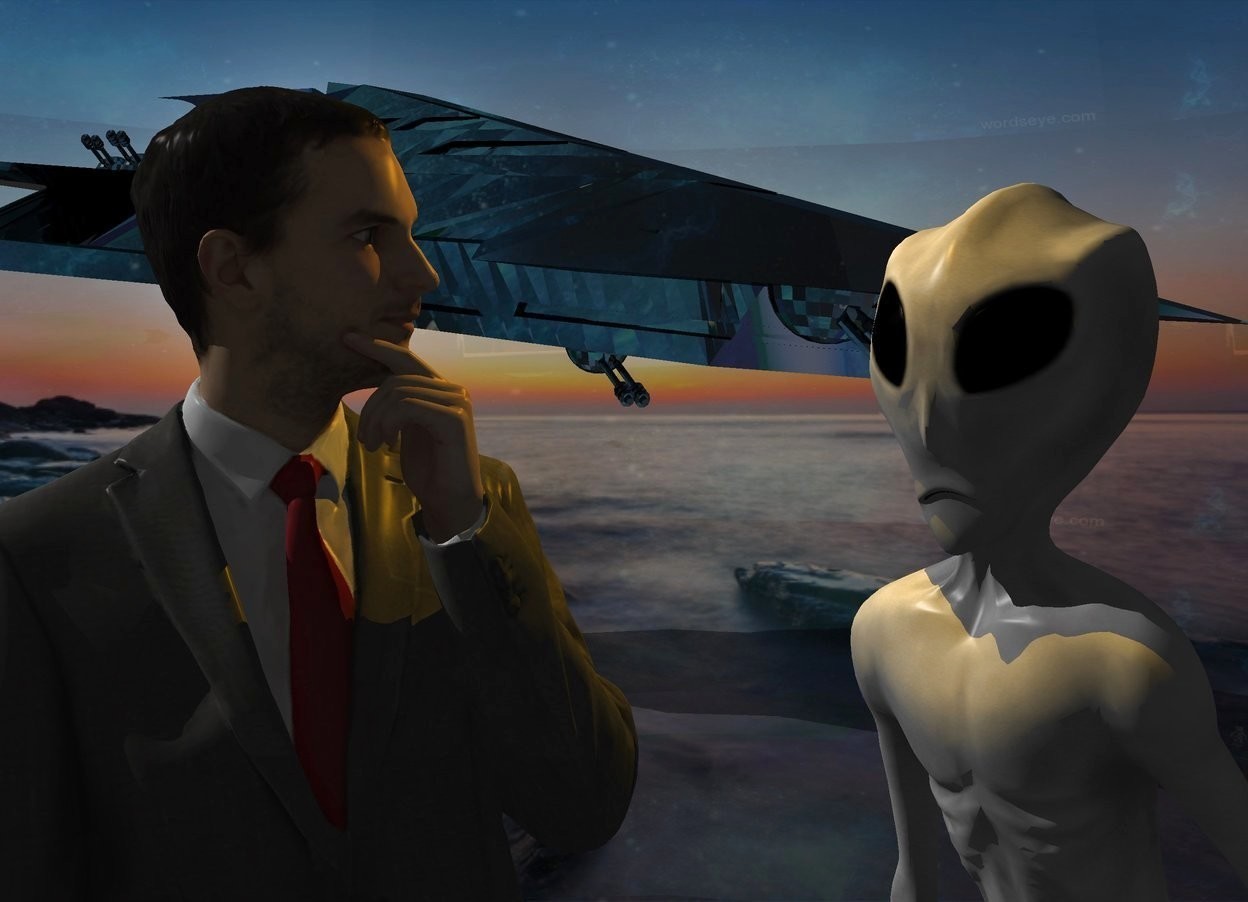 Input text: A businessman. 60% dark 10% shiny Asia backdrop. Camera light is black. An orange light is right of and above the businessman. Azimuth of the sun is 310 degrees. A 30% shiny black spaceship is right of and -1 foot above and 8 feet behind the businessman. It is leaning 10 degrees to the front. A 6 feet high alien is 1 foot right of the man. The alien is facing the man. Sky is 2000 feet wide nebula.