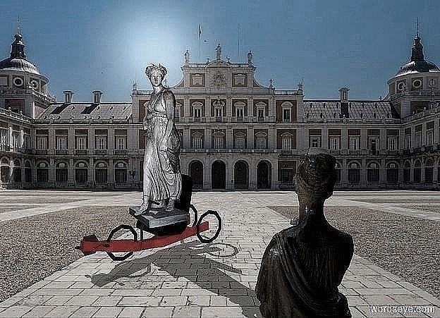 Input text: a person is on a bicycle. a statue is 1 feet in front of and 9 feet right of the bicycle. the statue faces the person. sun is linen.