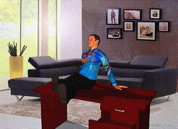 Input text: the man is sitting on the table. he is wearing a matisse shirt.
he is in the living room.