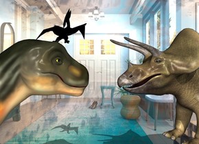 The shiny vestibule backdrop. The first dinosaur. The second small black dinosaur is -5 inches  above and -20 inches to the right of the 1st dinosaur. It is -55 inches in front of the 1st dinosaur. It is leaning 50 degrees to the back. It is facing southeast.  A 3rd dinosaur is in front of the 1st dinosaur. It is facing back. It is leaning back. 