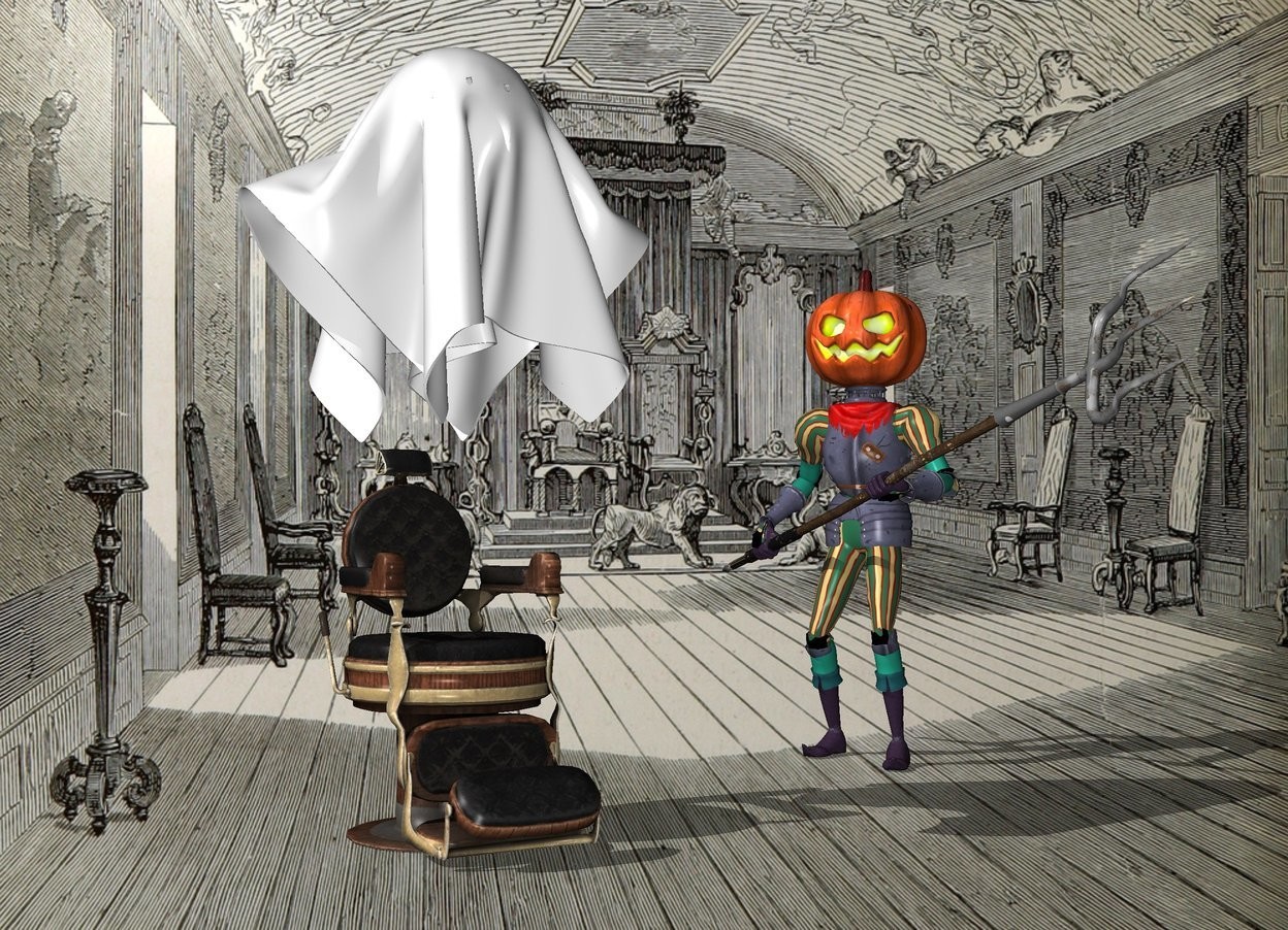 Input text: the 4 foot tall ghost is above the  barber chair.
the monster is  right of the chair.

the monster is facing the southwest.
the room backdrop.